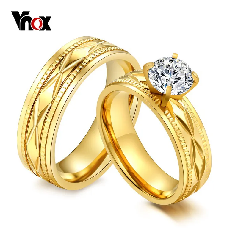Vnox 2pcs 2025 Engagement Wedding Rings Big CZ Stone new Gold Color Women Men Promise Jewelry