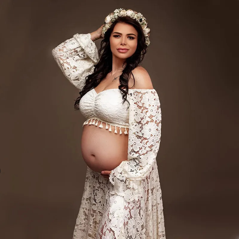 2 in 1 Boho Maternity Pography Outfit Dress Bohemian Pregnancy Po Shoot Long Dresses Pregnant Woman Dress 240315