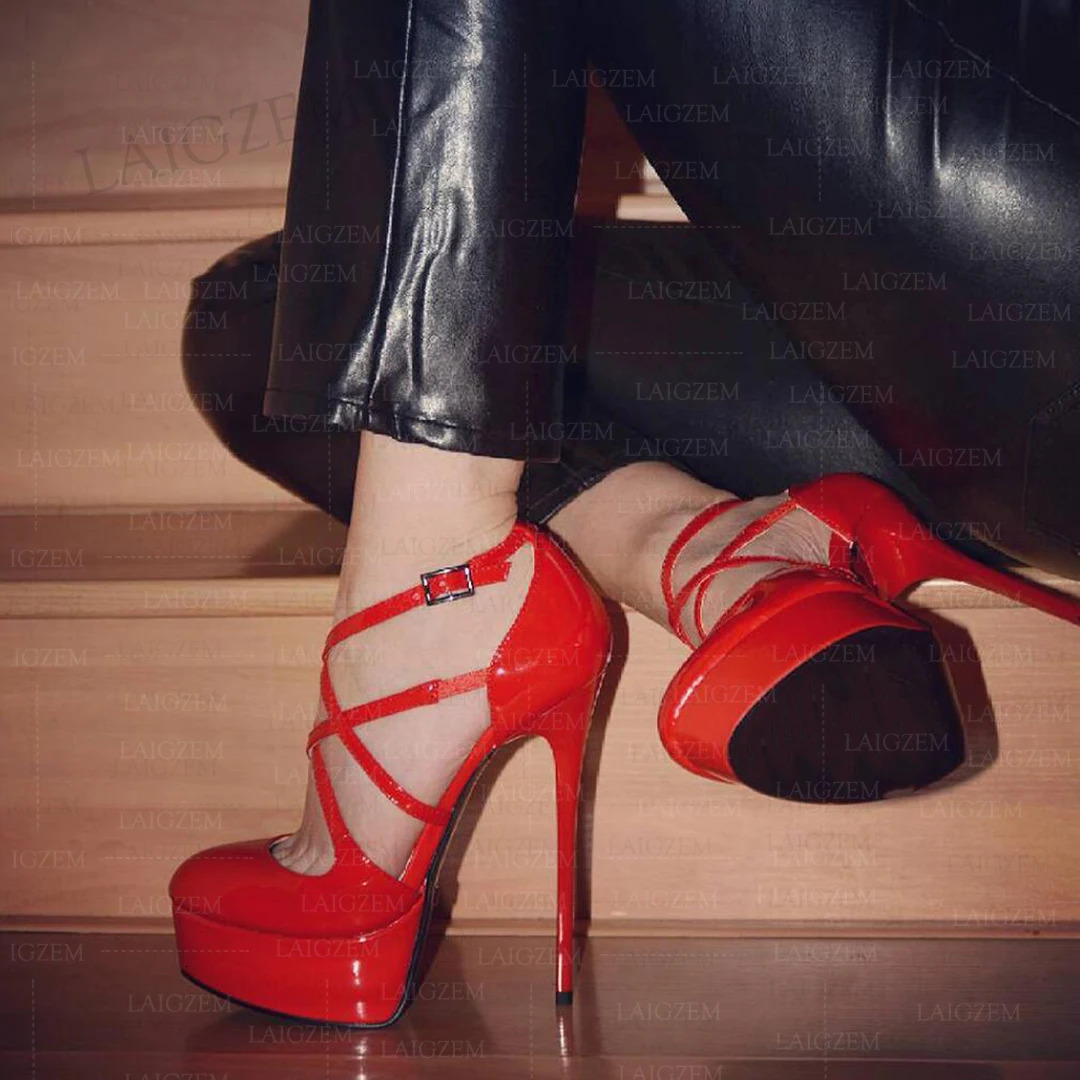 BERZIMER Women Platform Pumps Round Toe Thin High Heels Sandals Shiny Ladies Handmade Shoes Woman Plus Big Size 41 44 50 52 240320