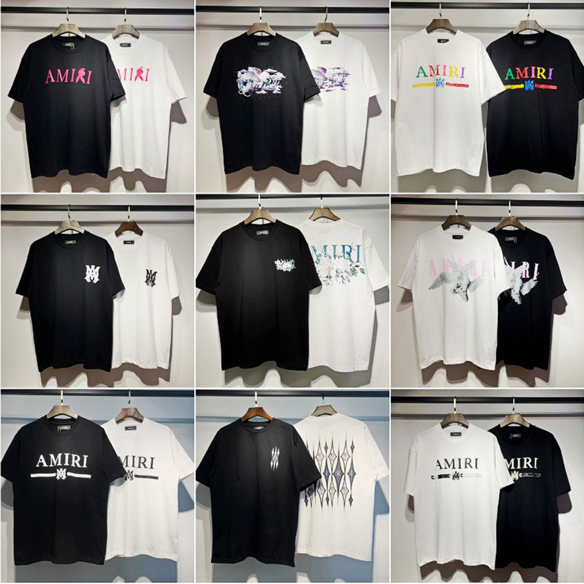men and womens t-shirt Short Sleeve Unisex Amiries Flowing Paint Graffiti Letter Starry Sky Printed Short Sleeve Couple cotton T-shirt letter Style