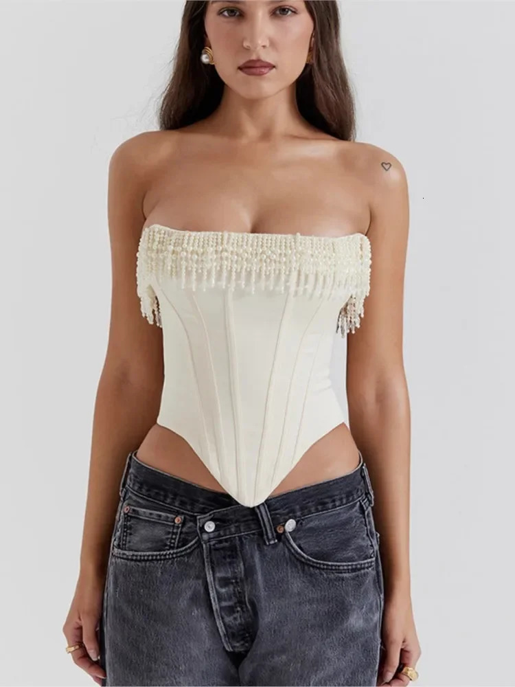 Lady Sexy Beaded Strapless Pleated Skirt 2 Piece Set Women Elegant Sleeveless Bodycon Tops Skirts Female Fashion Beach Suit 240315
