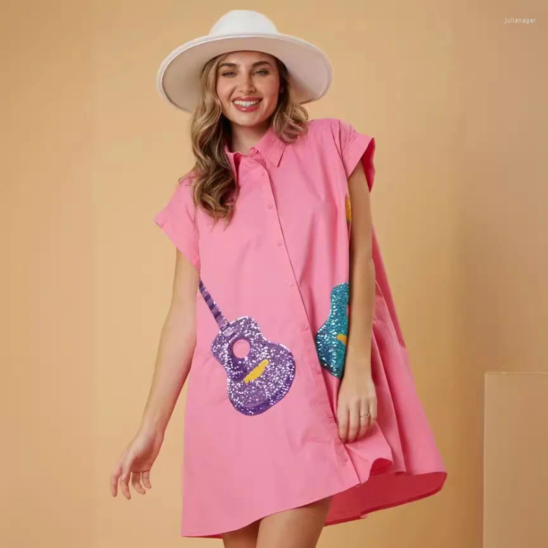 Casual Dresses Women A-line Loose Cute Sequin Shirts Dress Retro Vestido Fashion Short Sleeve Mini Blouse Woman Clothes 2024 Summer