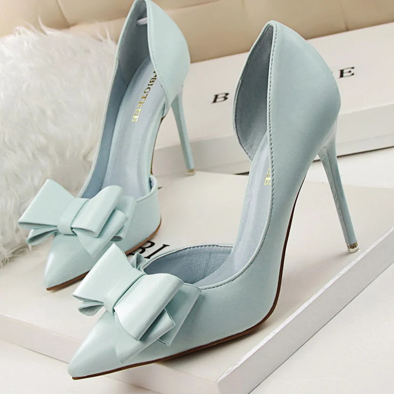 Women 75cm 10cm High Heels Korean Pumps Scarpins Cute Bow Middle Low Lady Fetish Sweet Wedding Bridal Yellow Blue Shoes 240329