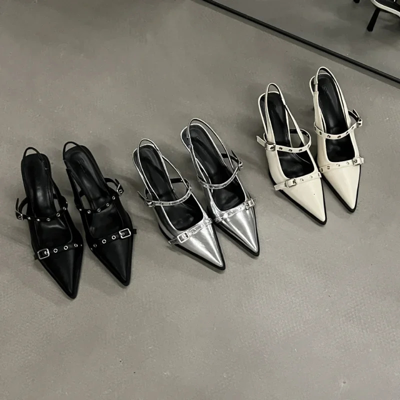 Rivet Fashion Women Shoes 2023Summer Pointed Thin Heel Sandals Elegant Low Heels Dress High 240320
