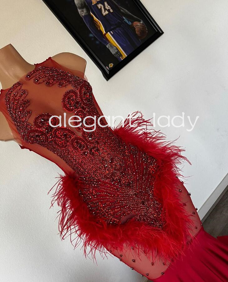 Dark Red Sparkly Long Evening Ceremony Dresses for Black Girl Luxury Diamond Crystal Feather Prom Gown vestidos de fiesta