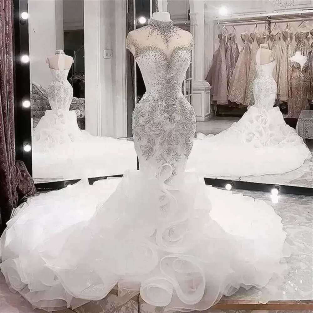 Plus Size Arabic Beaded Crystals Mermaid Wedding Dresses Aso Ebi urious High Neck Cascading Ruffles Skirts Chapel Train Bridal Party Wear Dress BC