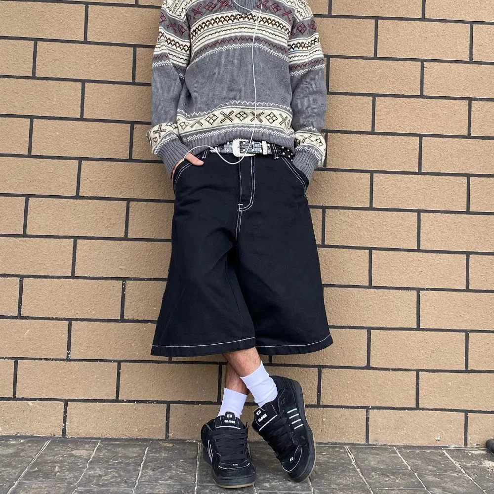 European and American high street men shorts skateboard pants pattern embroidery couple hiphop hip hop denim shorts 240409