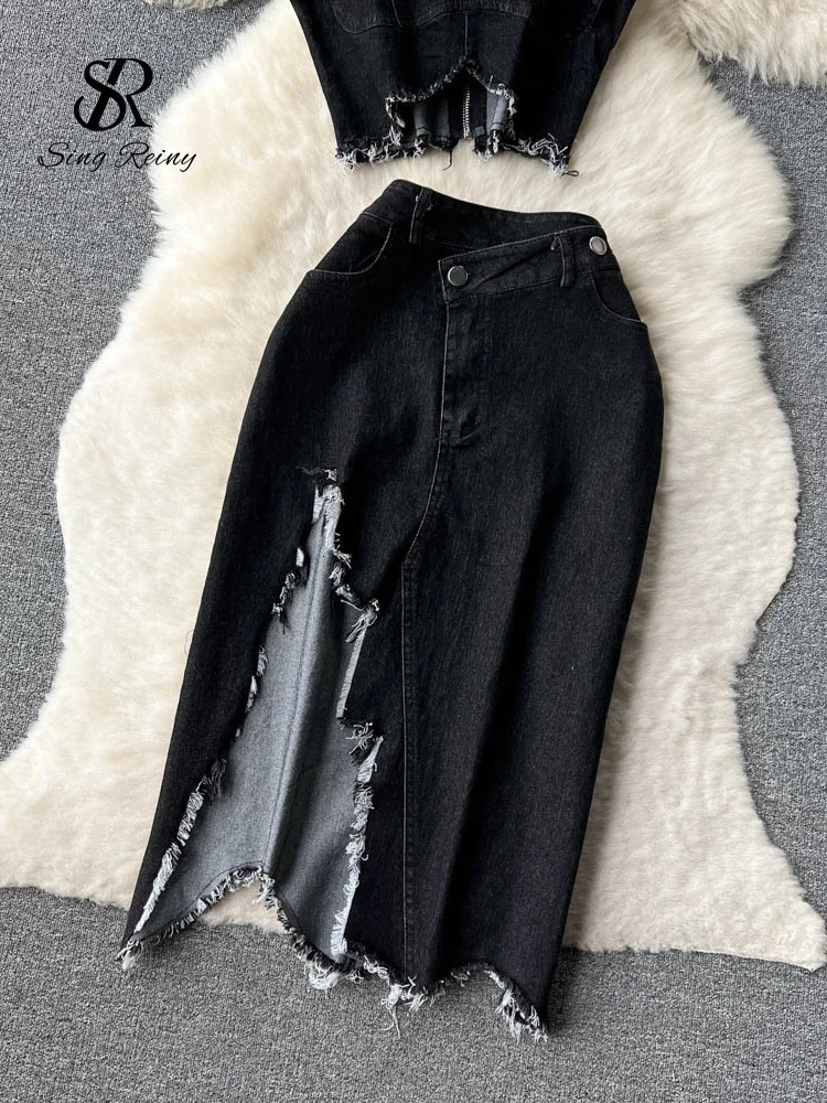 SINGREINY Streetwear Cool Y2K Sexy Denim Suit Strap Short Tank Top Split Bodycon Skirt Fashion sweet Two Pieces Sets 240315