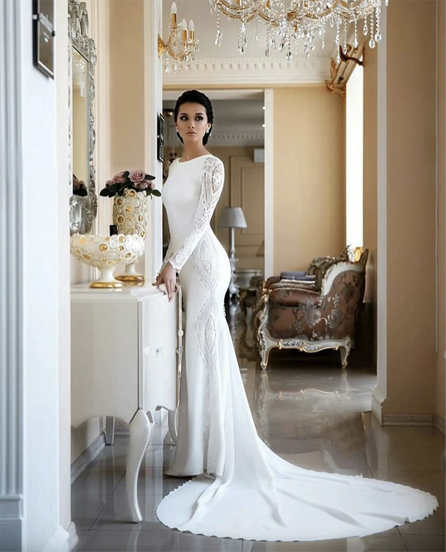 Modest Mermaid Wedding Dresses Lace Appliqued Beaded Berta Sweep Train Boho Wedding Dress Bridal Gowns Sleeves abiti da sposa Gown 2024