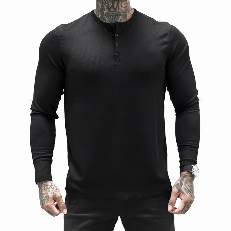 Man Fashion T Shirt Casual Fashion Plain Color Long sleeve High Quality Slim Polo Shirt Men Gym Fitness T-shirt 240319