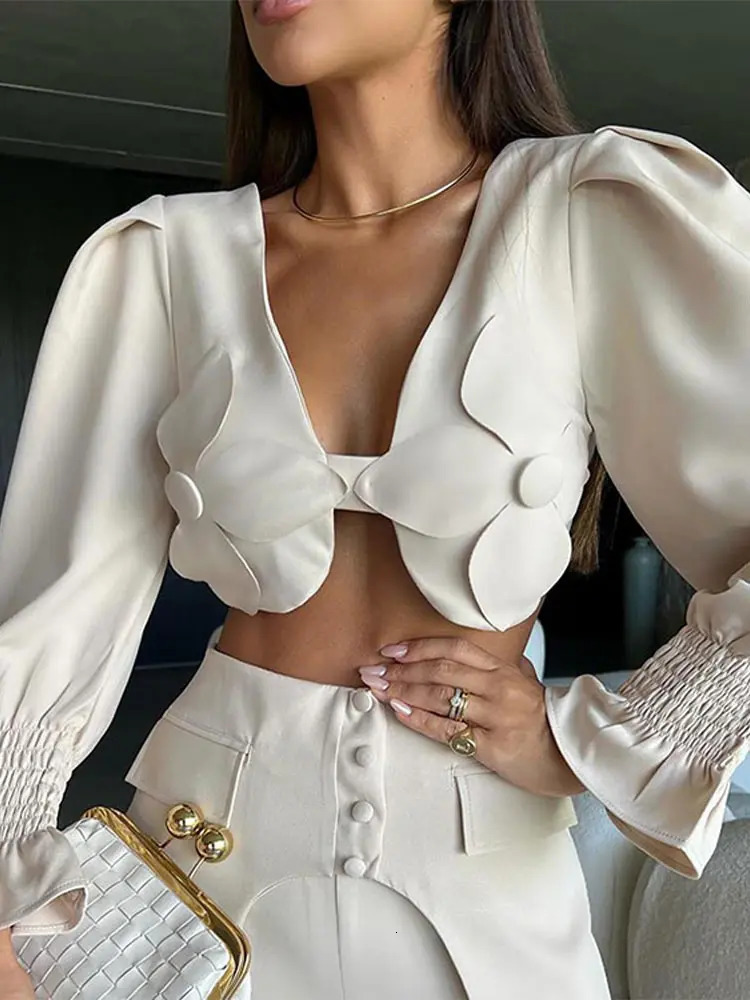 Women Elegant 3d Flower High Waist Wide Leg Pants Suit Chic V Neck Long Flare Sleeves Crop Top Set Female Fashion Outfits 2024 240315