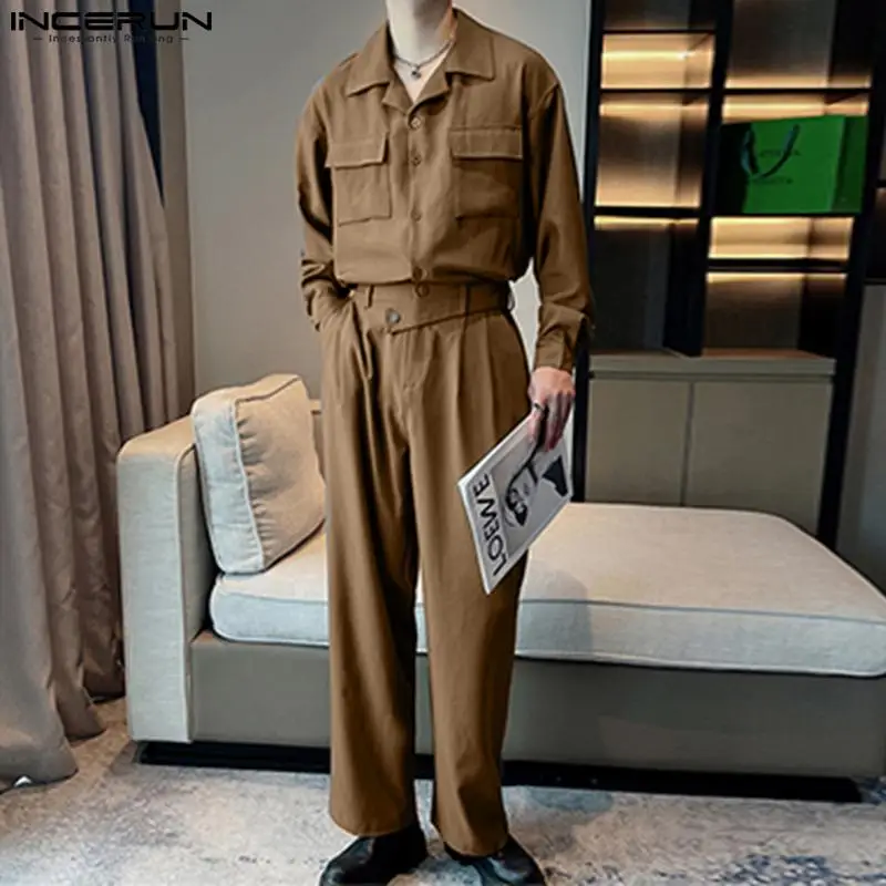 2023 Men 2025 Sets Solid Color Lapel Long Sleeve Pockets Shirt & Straight Pants 2PCS Loose Streetwear Men Casual Suits new 5XL INCERUN 7