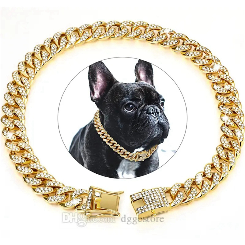 Pet supplies dog collars safety buckle design with diamond studded metal chains suitable for small and medium-sized cats and dogs to wear