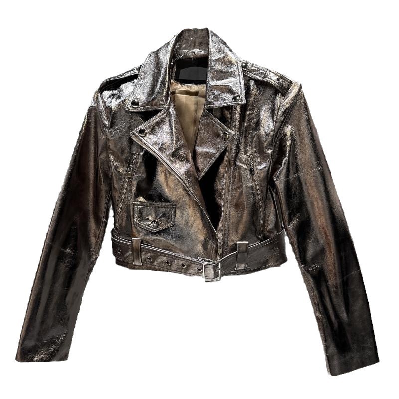 Girls leather jacket 2024 autumn new internet PU leather motorcycle jacket with glossy patent leather short jacket trend 230324