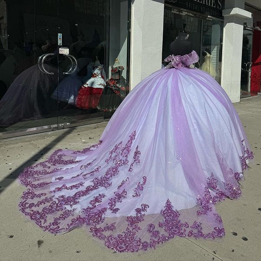 New Arrival Aso Ebi Beaded Pearls Appliques Purple Quinceanera Dresses Uniquite Train Off Shoulder Sweetheart Ball Gown Evening Party Pageant Birthday