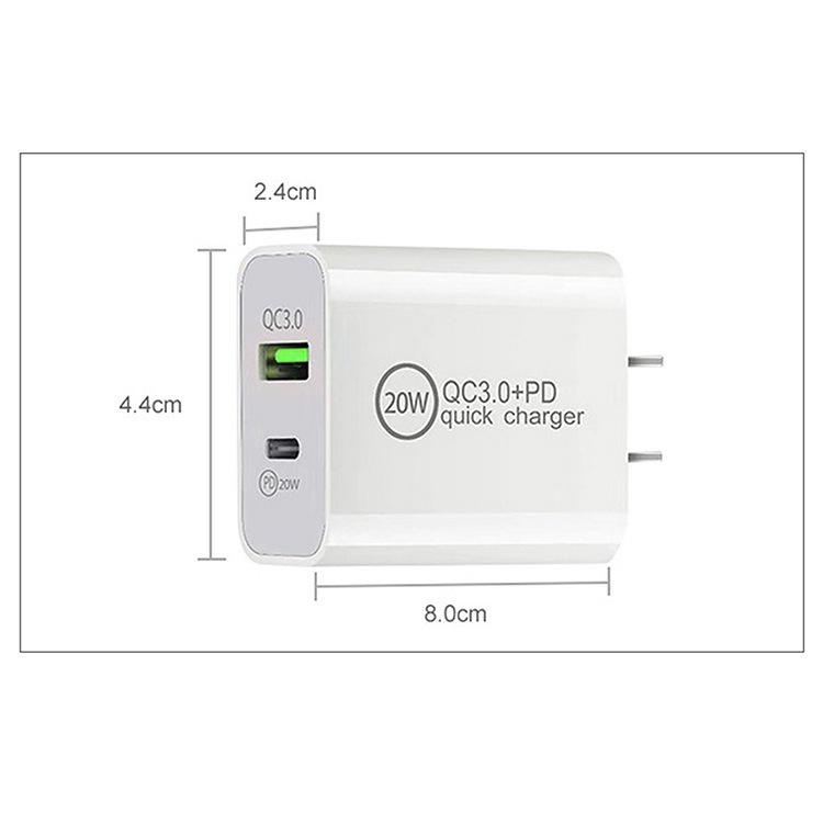 Travel Adapter Wall Charger 20W PD 3.0 USB C TO C Fast Power Plug Adapter Cable for Iphone Samsung Huawei Xiaomi US EU Plug White Color 100pcs/box