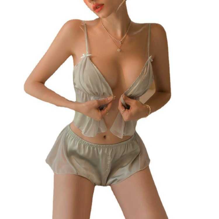Sexy Woman Sexy Set Short Front Button Ice Silk Pajama Womens Pure Desire Temptation Lingerie Belly Bag Set