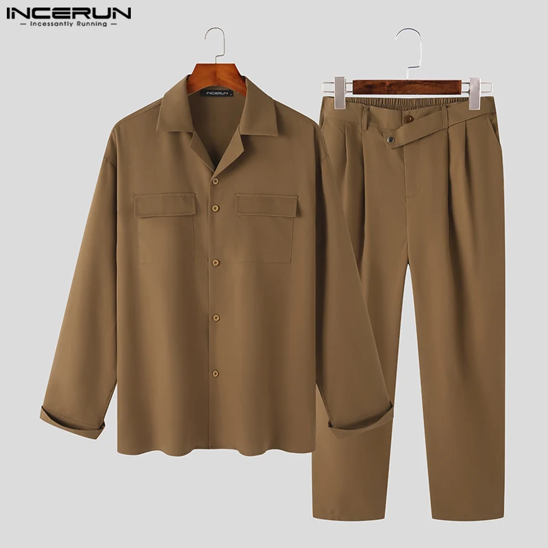 2023 Men 2025 Sets Solid Color Lapel Long Sleeve Pockets Shirt & Straight Pants 2PCS Loose Streetwear Men Casual Suits new 5XL INCERUN 7