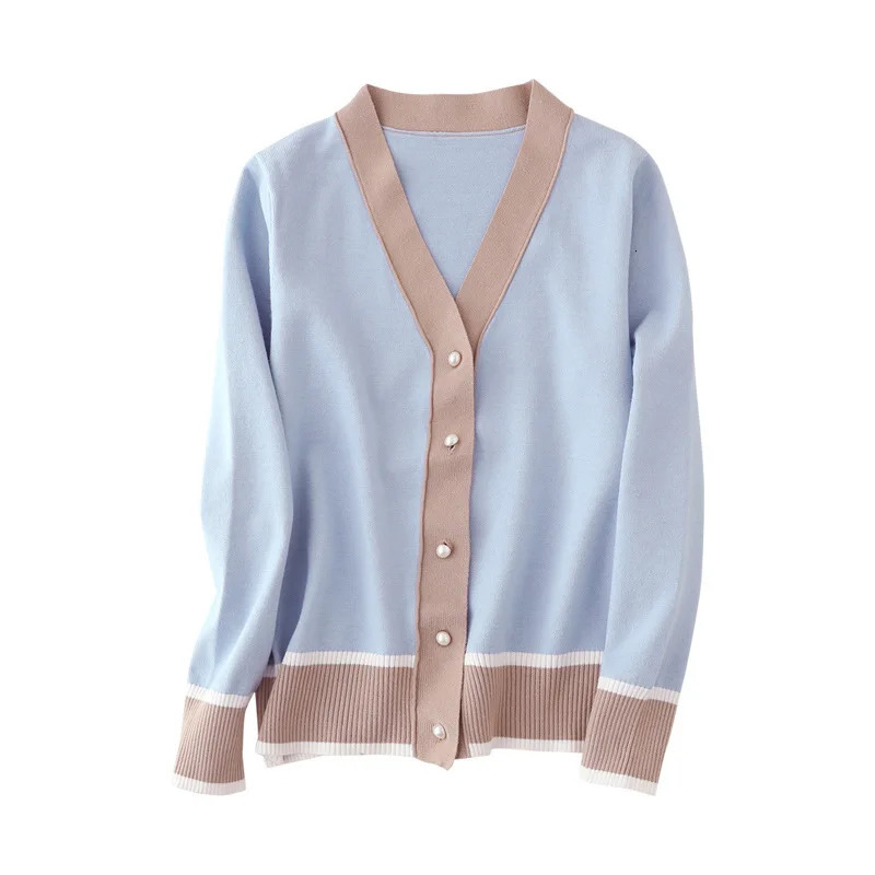 Knitted Cardigan Sweater Spring Women Contrast Color V Neck Long Sleeve Sweater Fashion Cardigan for Female Jumper Outwear 240326