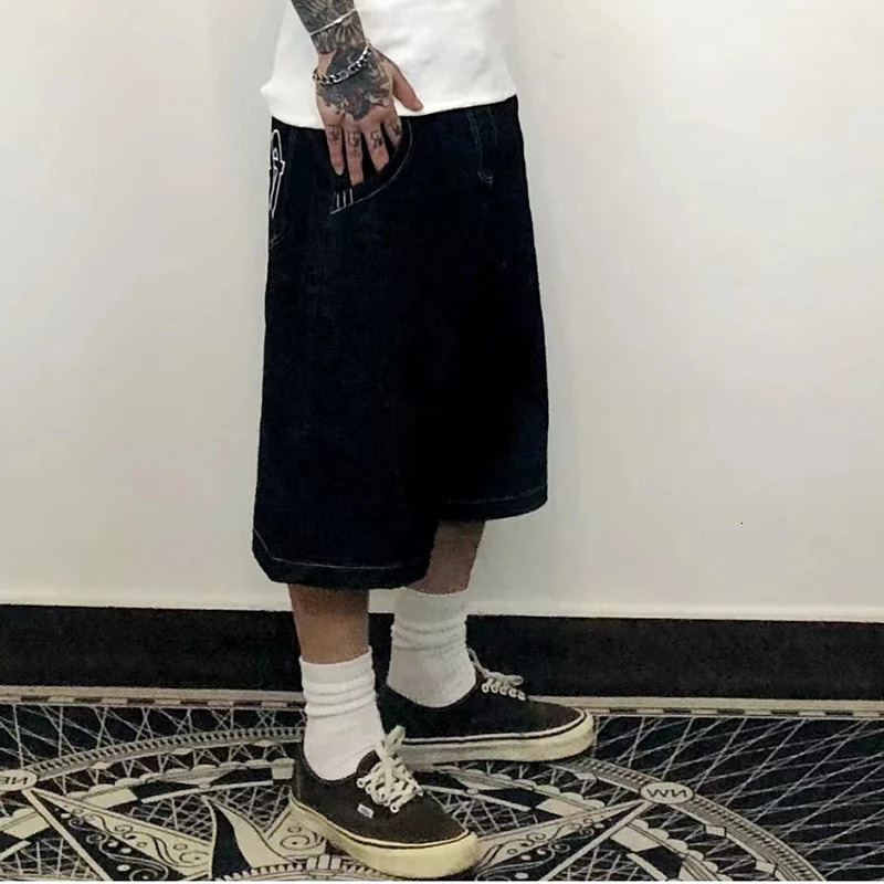 Hip Hop Pockets Embroidery Letter Print Jeans Shorts for Men Summer Retro Oversized Wide Leg Denim Knee Lenght Pants 240409