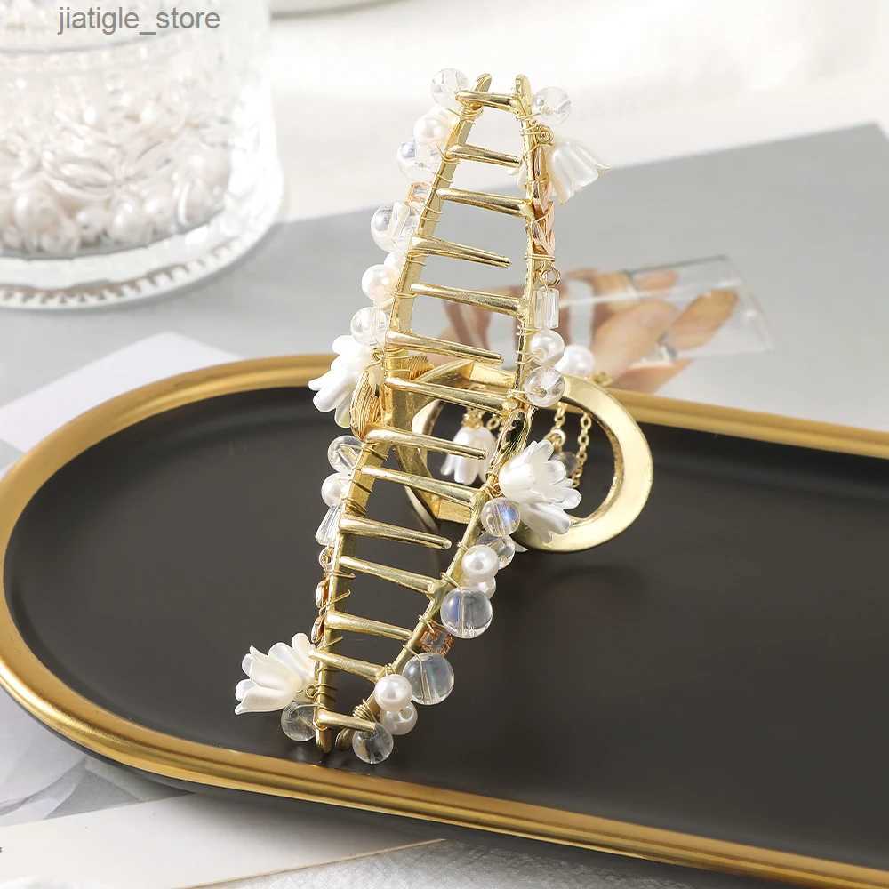 Hair Clips Haimeikang Pearl Hair Clip Crabs For Women lily of the valley leaf Tassel Hair Claw Hairpin Golden Fashion Ponytail Accessories Y240329 - view 6