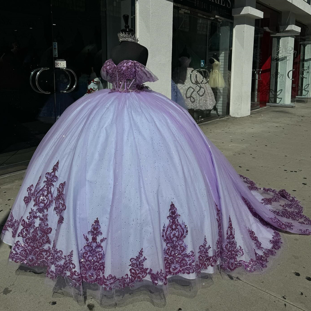 New Arrival Aso Ebi Beaded Pearls Appliques Purple Quinceanera Dresses Uniquite Train Off Shoulder Sweetheart Ball Gown Evening Party Pageant Birthday