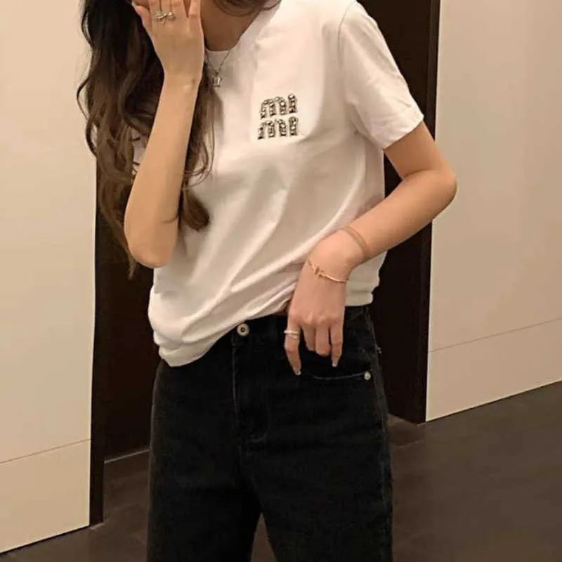 2024 Summer cotton short sleeve t shirt women sweatshirt letter diamond embroidery crew neck Tshirt Miu Designer tshirt womens pullover shirts S-L