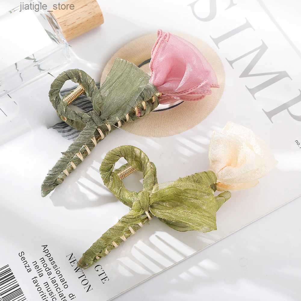 Hair Clips Haimeikang Tulip Tulle Shark Clip Hair Claws For Women Elegant Ponytail Hairpin Hair Crabs Girls Fashion Hair Accessories Y240330