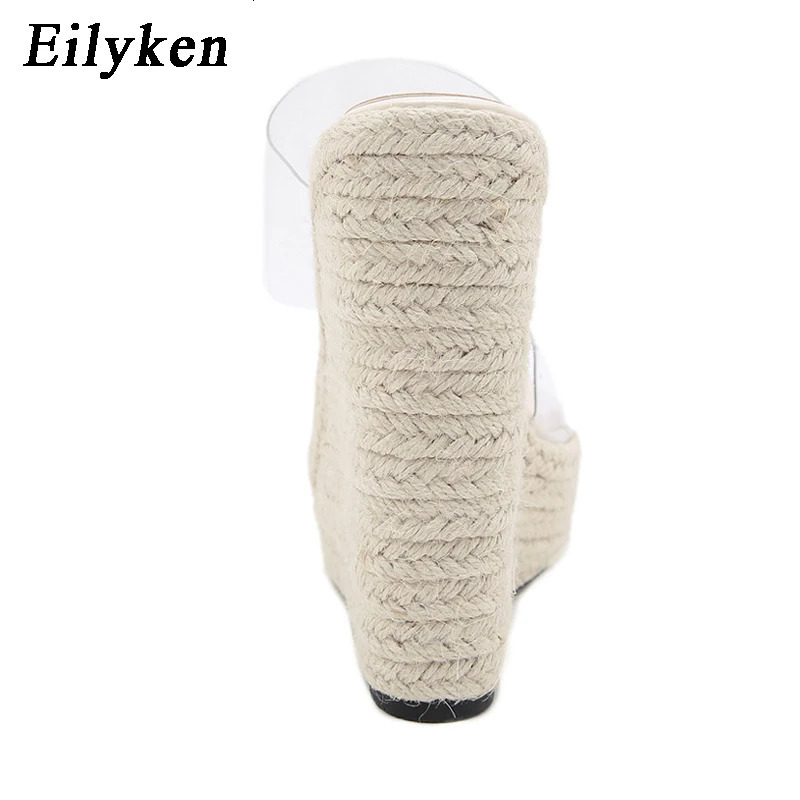 Eilyken Summer PVC Transparent Peep Toe Cane Straw Weave Slippers Platform Wedges Sandals Women Fashion High Heels Female Shoes 240329