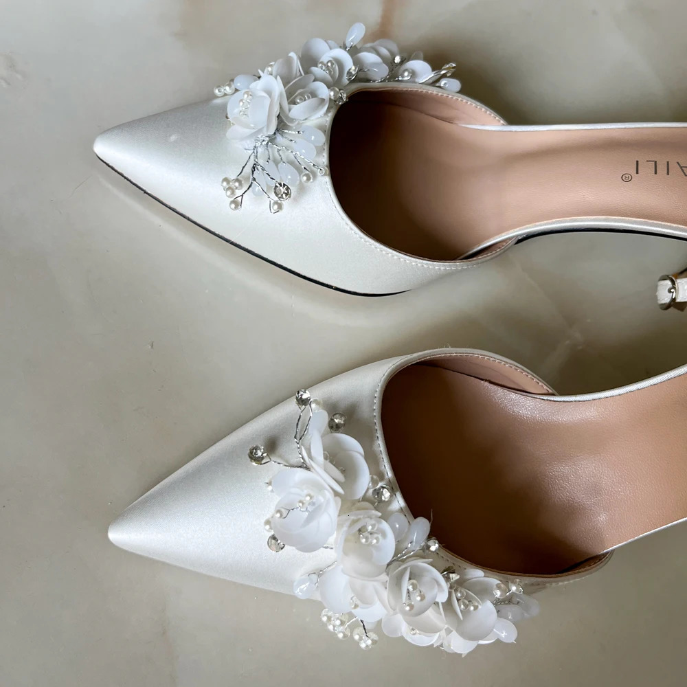 Bride Sandals White Satin Flowers 7cm Thin High Heels Customize Flats 3cm 5cm 9cm Pointed Wedding Party Dress Women Shoes 240329