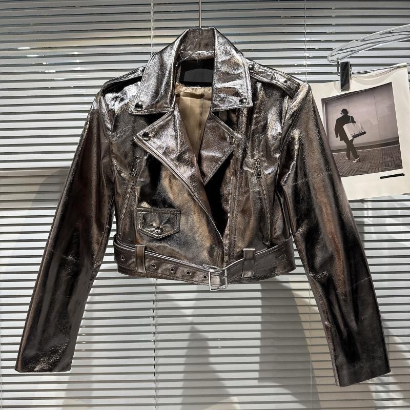 Girls leather jacket 2024 autumn new internet PU leather motorcycle jacket with glossy patent leather short jacket trend 230324
