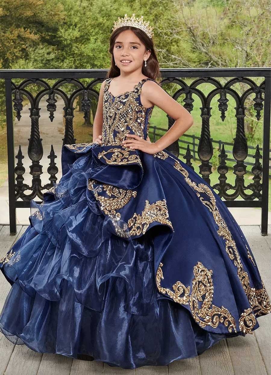 Dark Blue Little Girl's Pageant Dresses With Gold Lace Appliqued Puffy Tiered Ruffles Princess Ball Gown For Wedding Birthday Kids Todder Formal 