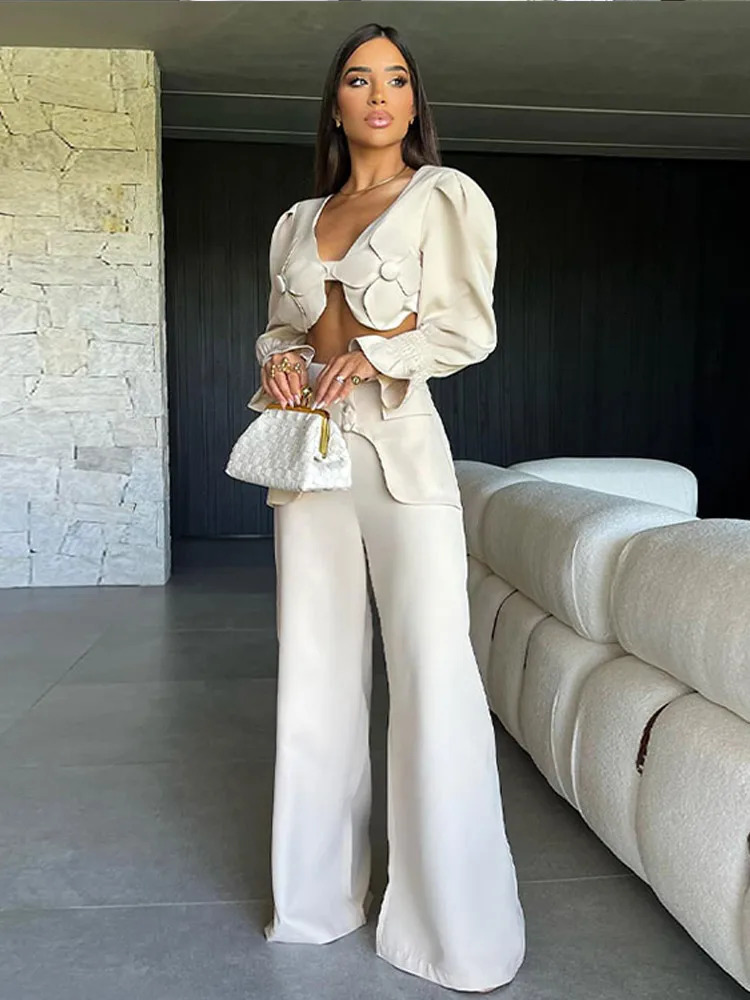 Women Elegant 3d Flower High Waist Wide Leg Pants Suit Chic V Neck Long Flare Sleeves Crop Top Set Female Fashion Outfits 2024 240315
