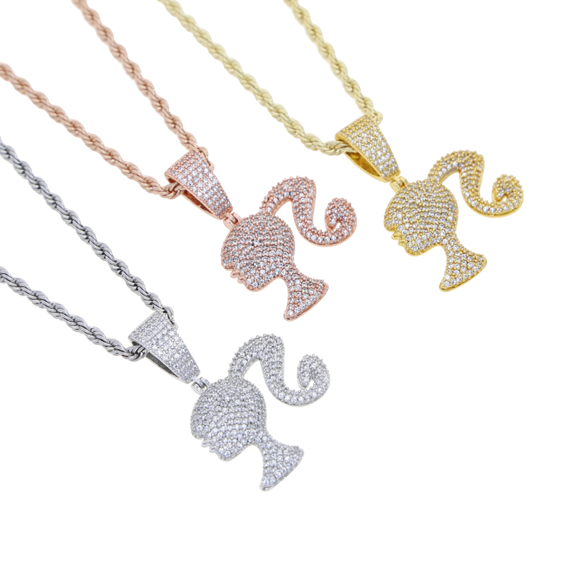 Icy Iced Out Pendant Queen Doll Girl Head Necklace for Women, 2024 Sier Color Charm Fashion Hip Hop Rock Jewelry dh5727163