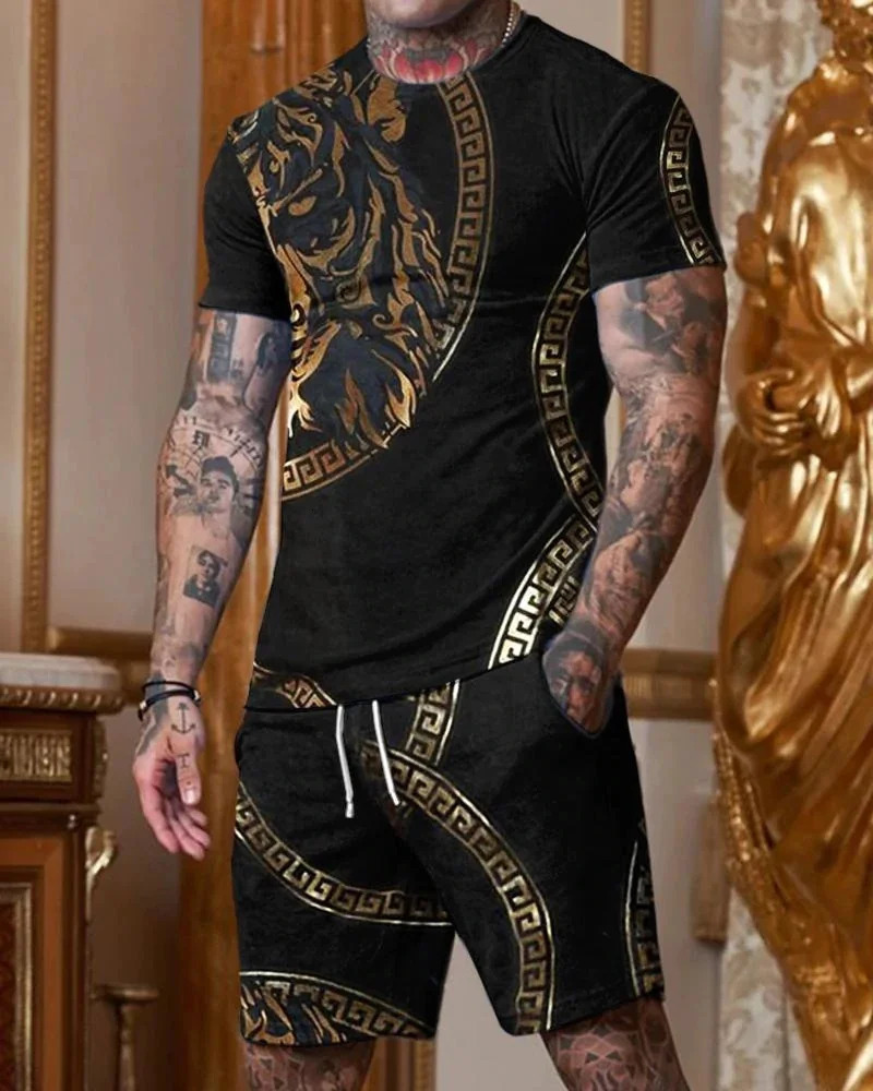 Summer Mens Tracksuit Tiger Pattern O-Neck Short SleevesShorts 2 Piece Sports Outfit Fashion T-Shirt Men Clothing Casual Suit 240328