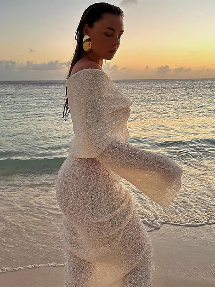 Womens Summer Slash Neck Sunscreen Maxi Dress 2024 Chic Long Sleeve Bodycon Knitted Vestidos Female Elegant Holiday Beachwear 240314