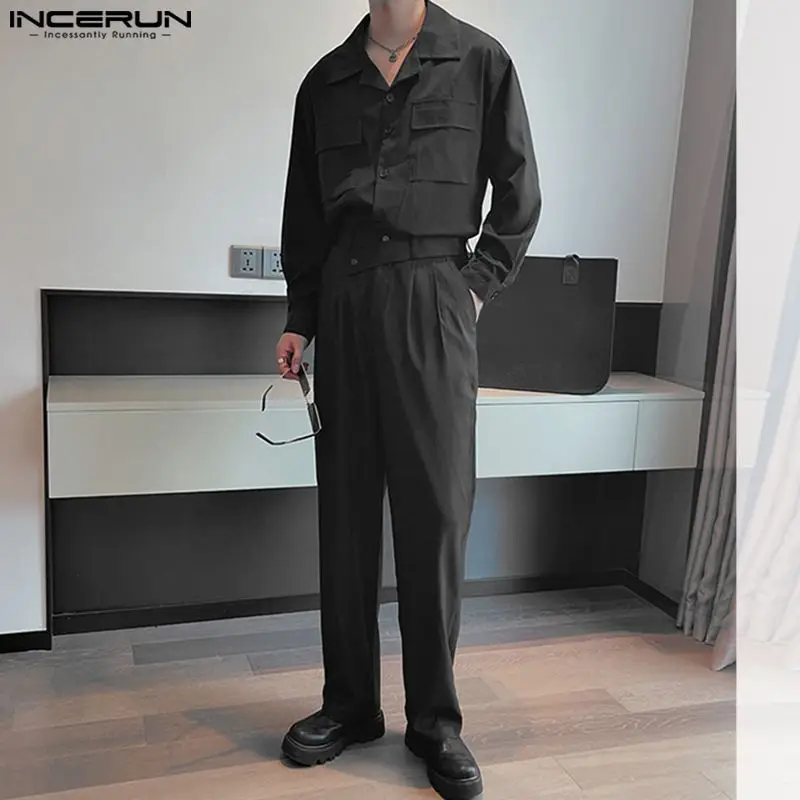 2023 Men 2025 Sets Solid Color Lapel Long Sleeve Pockets Shirt & Straight Pants 2PCS Loose Streetwear Men Casual Suits new 5XL INCERUN 7