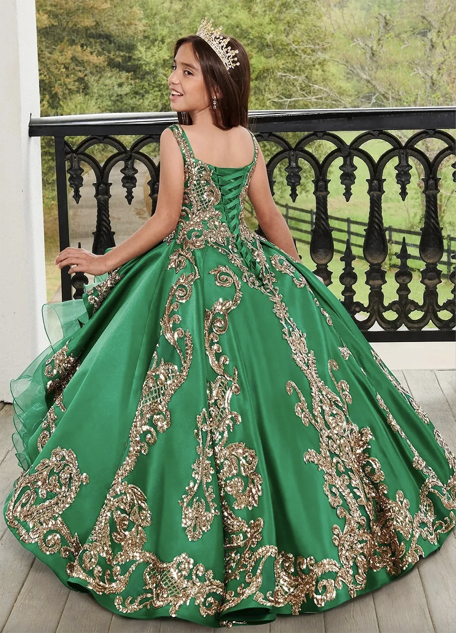 Dark Blue Little Girl's Pageant Dresses With Gold Lace Appliqued Puffy Tiered Ruffles Princess Ball Gown For Wedding Birthday Kids Todder Formal 