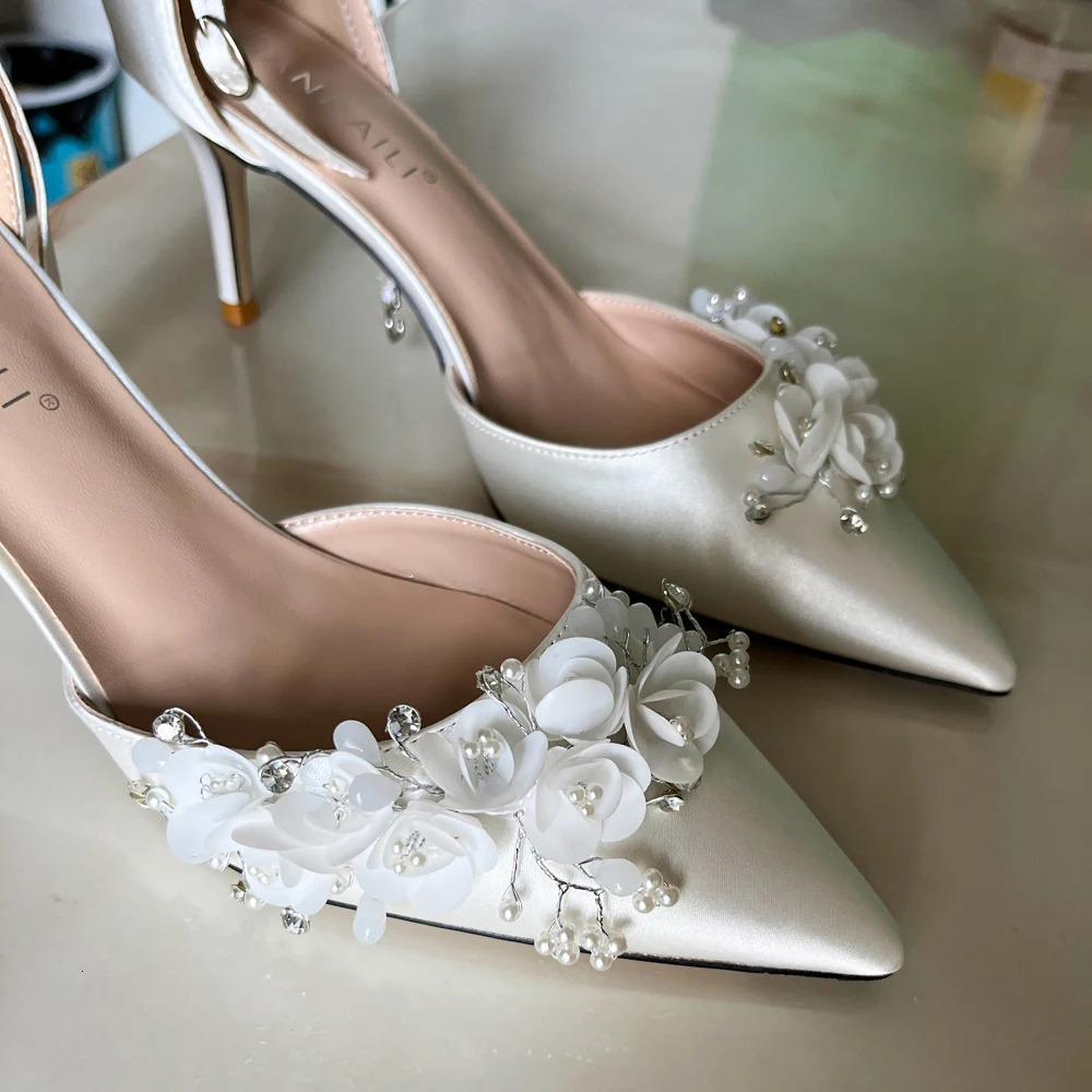 Bride Sandals White Satin Flowers 7cm Thin High Heels Customize Flats 3cm 5cm 9cm Pointed Wedding Party Dress Women Shoes 240329