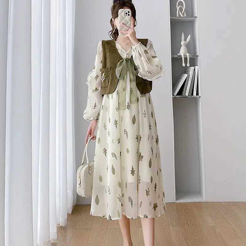 Maternity Dresses Pregnant Womens Chiffon Dress Summer and Autumn Pregnant Womens Dress Printed Flower Dress+Tank Top 2PCS Fashion Pregnant Womens Dre