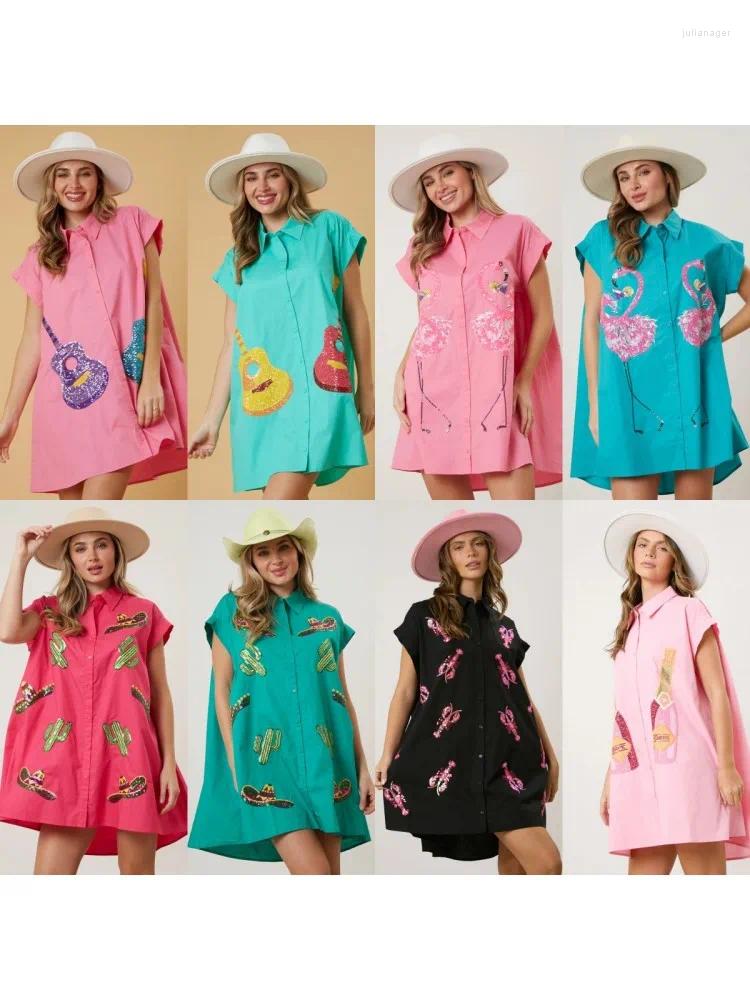 Casual Dresses Women A-line Loose Cute Sequin Shirts Dress Retro Vestido Fashion Short Sleeve Mini Blouse Woman Clothes 2024 Summer