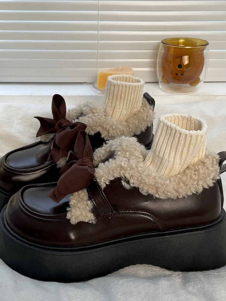 Winter Japanese Sweet Platform Shoes Women Warm Bow Vintage Kawaii new 2025 Plush Shoes Female Pure Color Casual Comfortable Shoes 2023