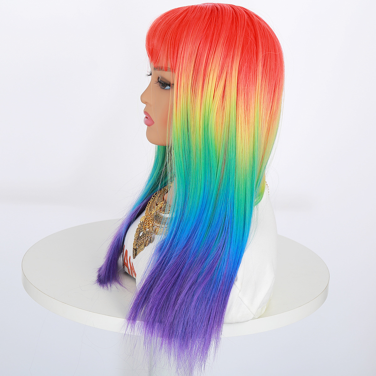 Similler Long Women Synthetic Colored Wig Straight Hair Heat Resistance Ombre Rainbow Cosplay Wig with Bangs