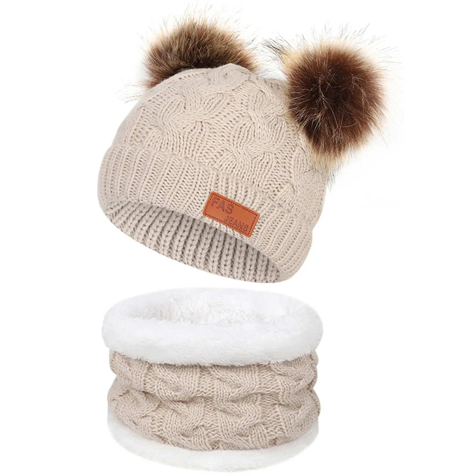Girls Boys Knit Cap Warm Fur-Ball Baby Winter Knit Hat Children Hats Caps Scarf