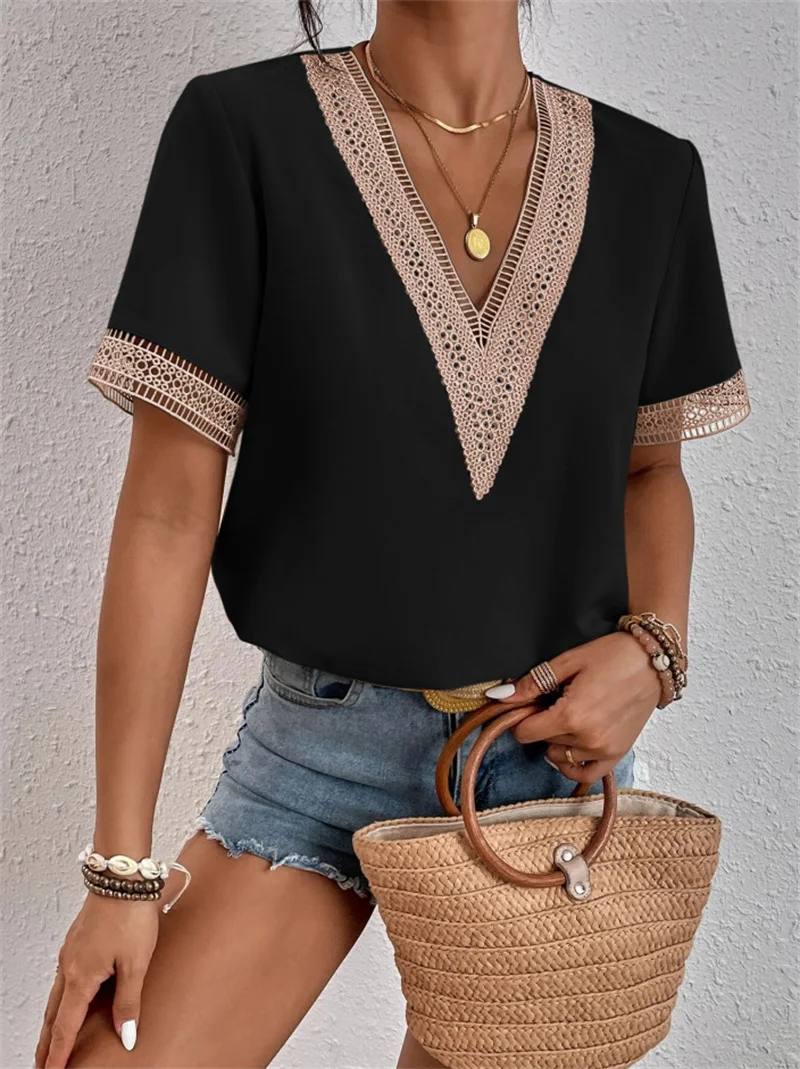 Women's V-neck Splicing Lace Blouse Elegant Commuter Loose Short 2025 Sleeve Shirt Female 2023 new Summer British Style Daily Casual Tops