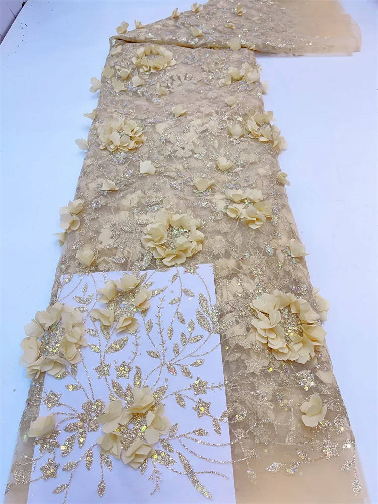African Glue Sequins Tulle Lace Fabric French High Quality 3d Embroidery 5 Yards Nigerian Lace Fabrics For Party Dress