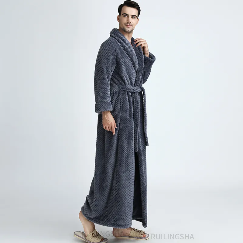 Men Winter Extra Long Thermal Coral Fleece Bathrobe Thick Flannel Warm Bath Robe Lovers Dressing Gown Women Nightwear Home Robes