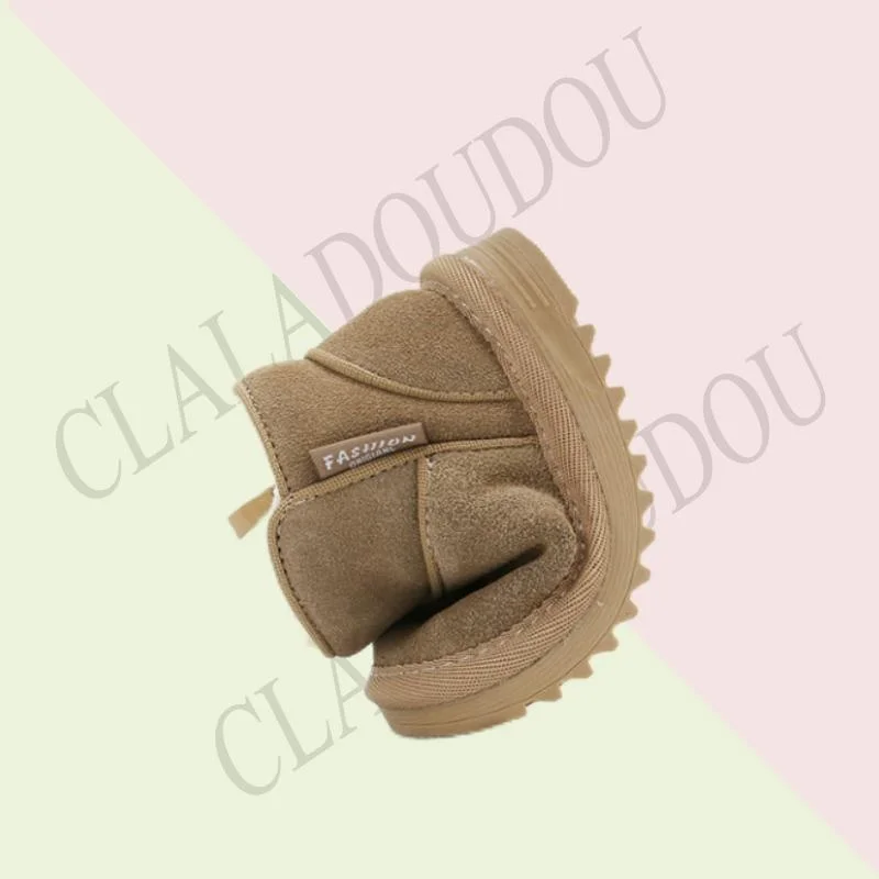 Brand Genuine Leather Kids Snow Boots For Boys Girls Solid Suede Zip Ankle Boots With Thick Plush 0-3years Toddler Winter Shoes