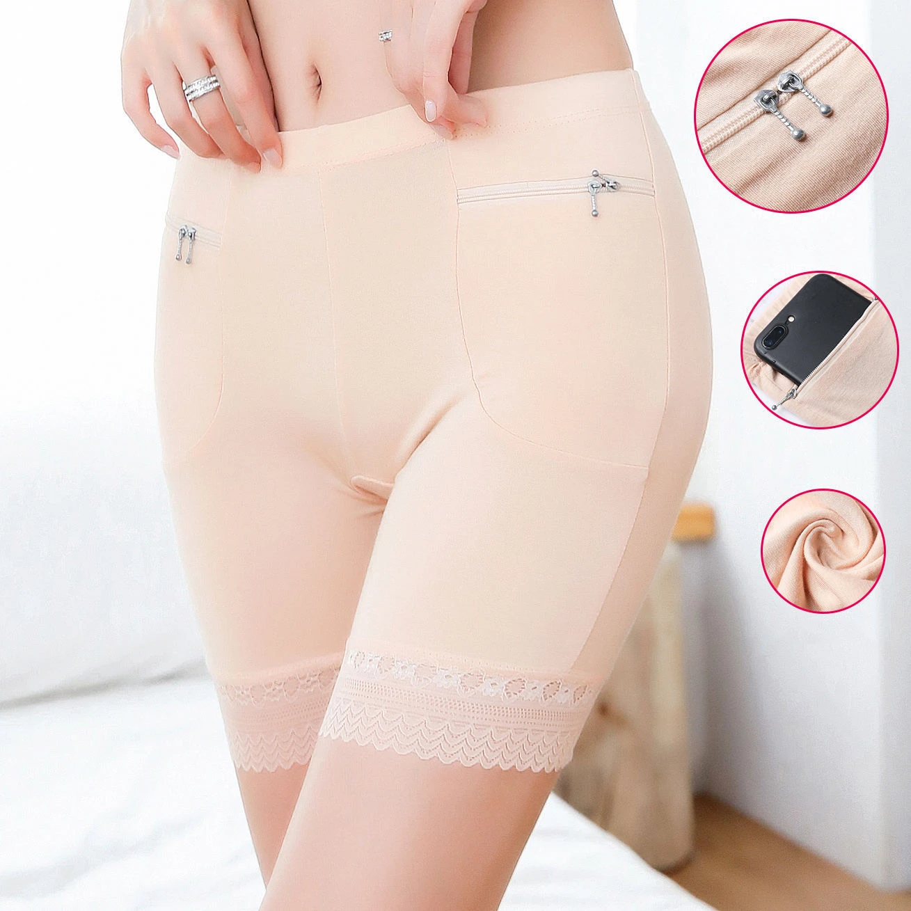 Plus Size Women Safety Short Pants Soft Boyshort Under Skirt Shorts 2025 With Zipper Pockets new Breathable Theft-proof Female Underwear