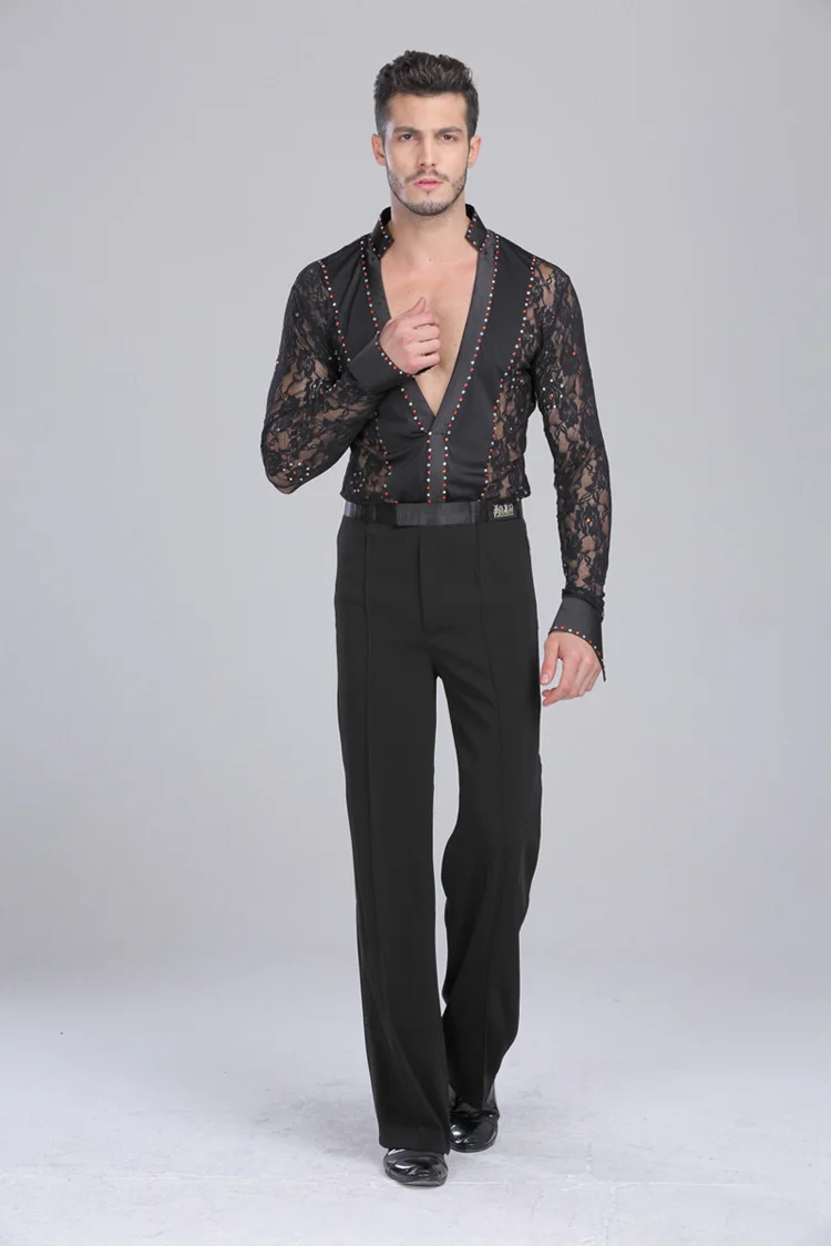 Men Latin Dance Lace black and white Garment Dance Waltz Ballroom Dance Garment Performance latin man shirts Garment Top